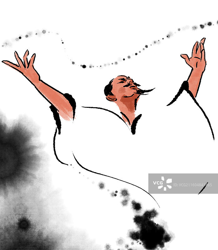 水墨韵味禅意手绘水彩风格的中国风水彩国画小品戏曲唱戏京剧国粹战国屈原人物插画图片素材