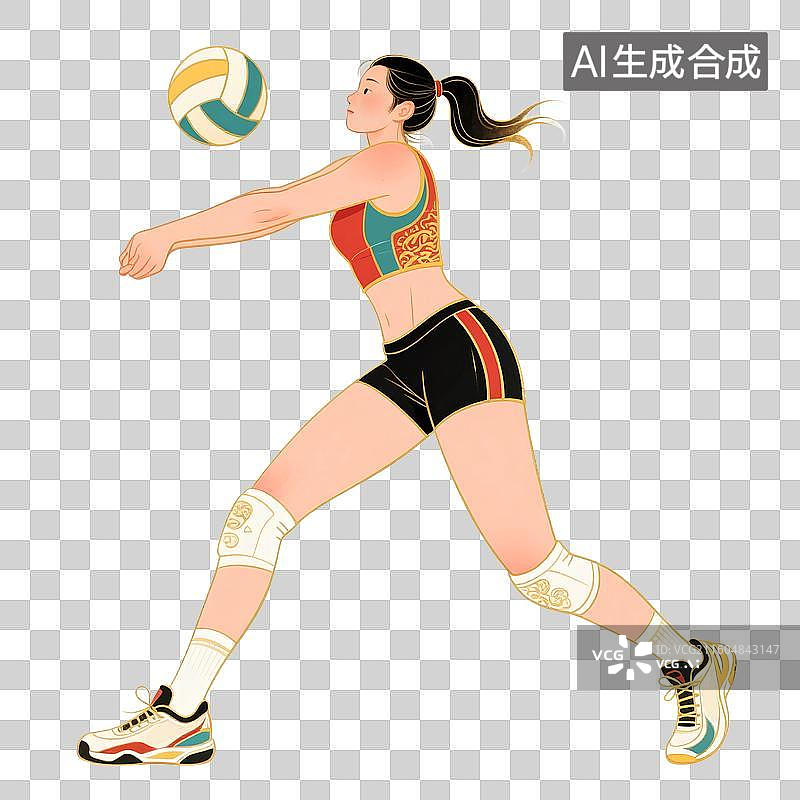 【AI数字艺术】国潮风插画免扣元素：排球，国家队，女排，排球运动，锻炼图片素材