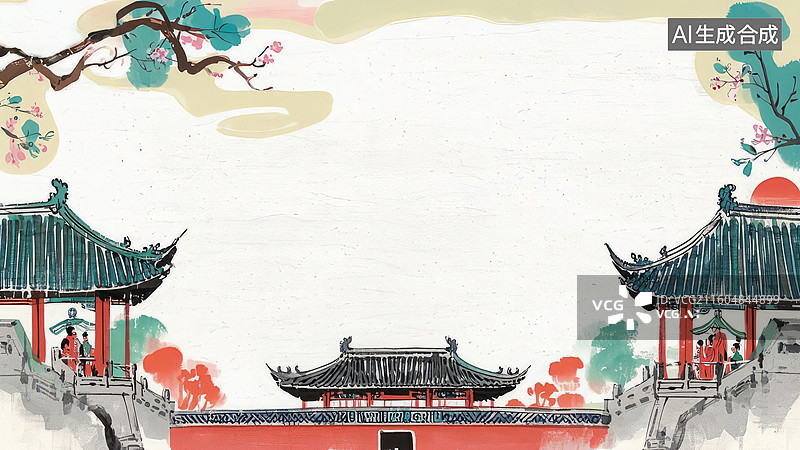 【AI数字艺术】传统中式建筑与梅花枝景图片素材