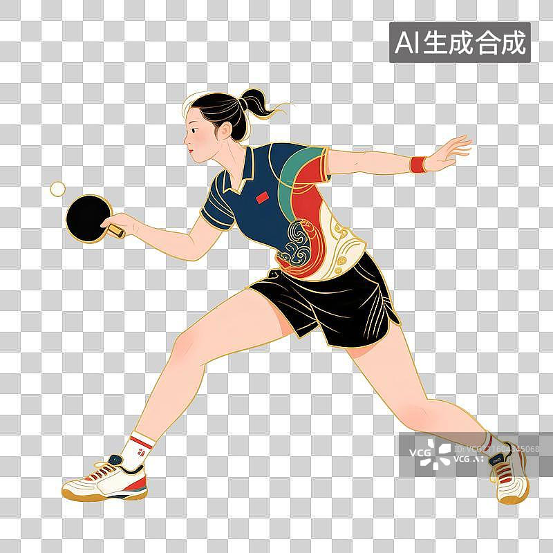 【AI数字艺术】国潮风插画免扣元素：国潮风，乒乓球，乒乓球拍，全运会，传统图片素材