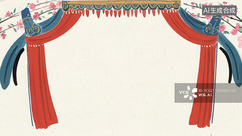 【AI数字艺术】传统红色帷幕与花卉装饰图片素材