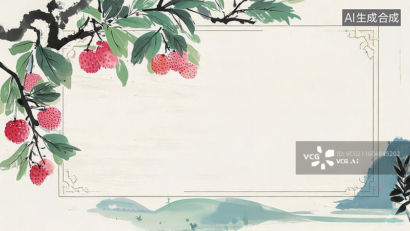 【AI数字艺术】水墨风格樱桃枝与山水背景图片素材