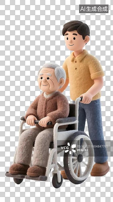 【AI数字艺术】AIGC：3D羊毛毡风格年轻的儿子用轮椅推着年迈的老父亲，父亲节，孝敬老人，养老机构，养老院，元素图片素材