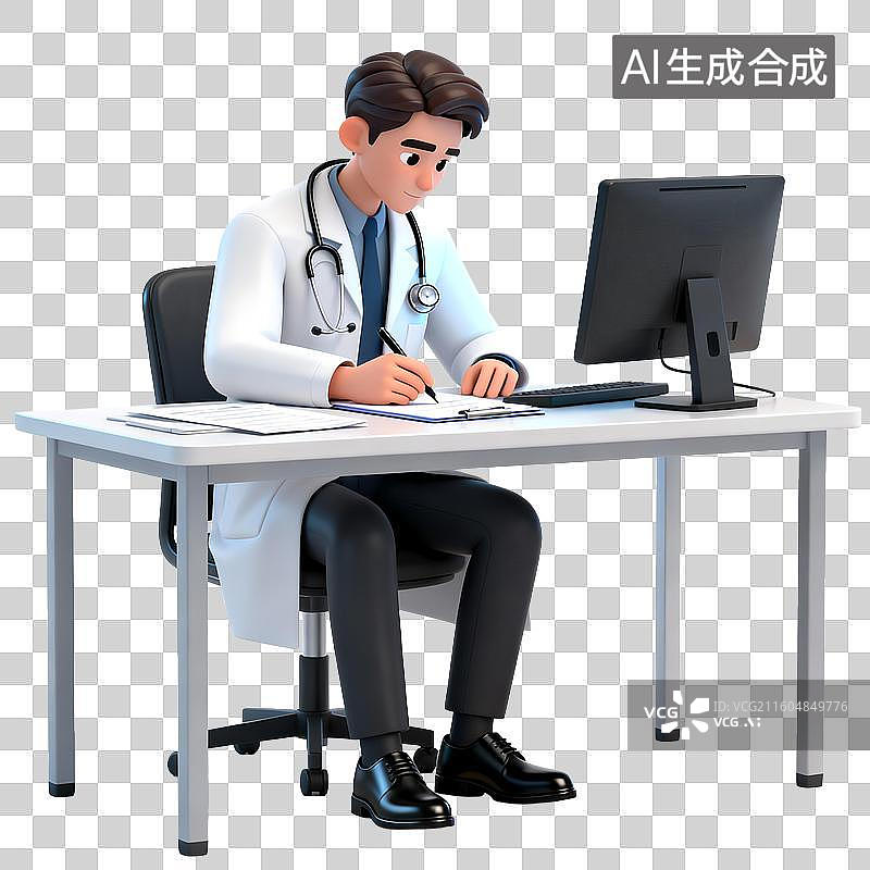 【AI数字艺术】3D医生使用电脑查看病历，在书桌上书写病历图片素材