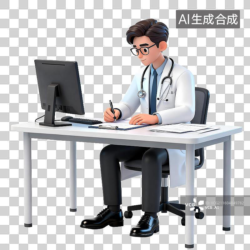 【AI数字艺术】3D医生使用电脑查看病历，在书桌上书写病历图片素材