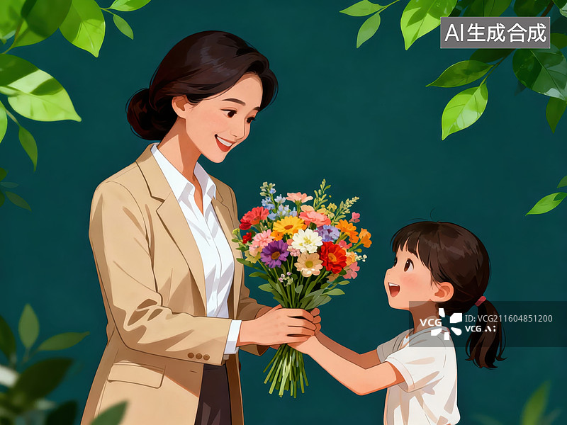 【AI数字艺术】小女孩递给女士一束鲜花图片素材