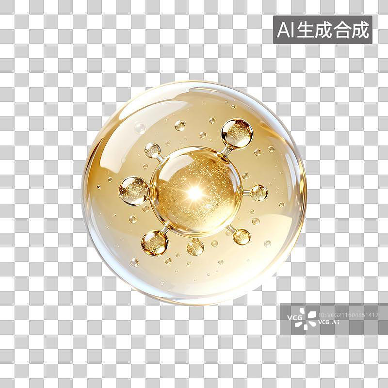 【AI数字艺术】3D渲染金色分子与透明气泡泡泡金色美容细胞科技图片素材