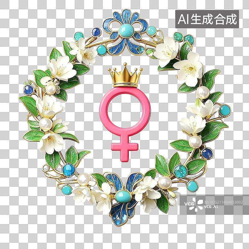 【AI数字艺术】3D高雅美丽花环首饰中心一个女性符号上有一个皇冠，祝贺三八妇女节，女神节图片素材