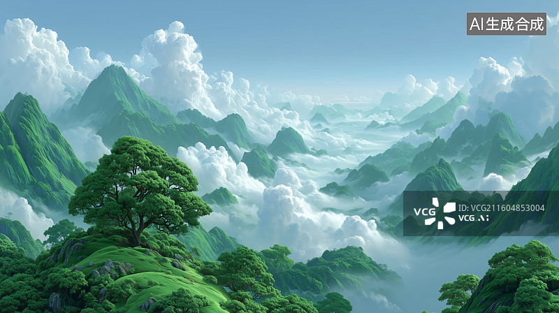 【AI数字艺术】翠绿山谷云雾缭绕图片素材