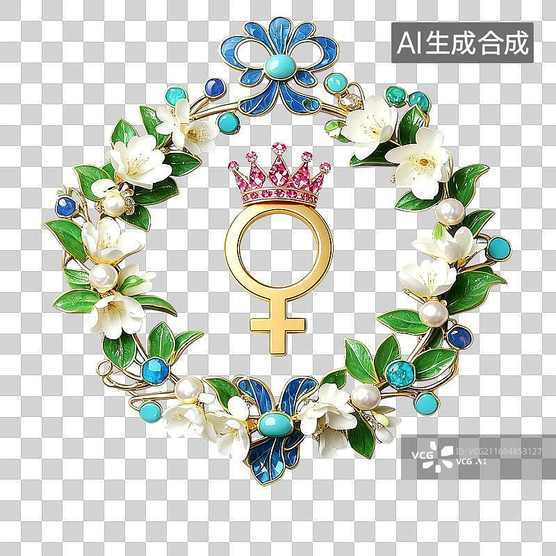 【AI数字艺术】3D高雅美丽花环首饰中心一个女性符号上有一个皇冠，祝贺三八妇女节，女神节图片素材