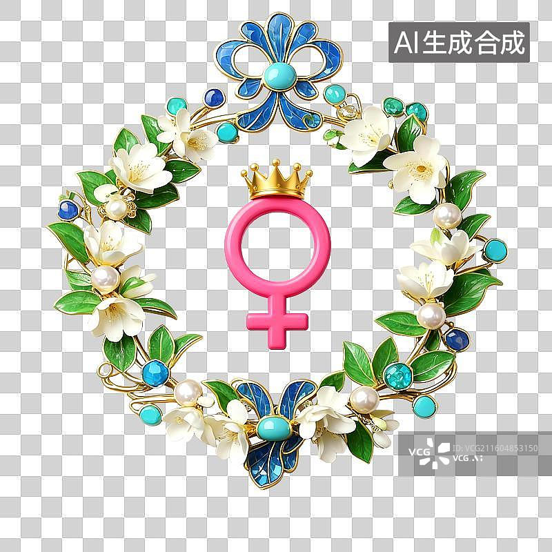 【AI数字艺术】3D高雅美丽花环首饰中心一个女性符号上有一个皇冠，祝贺三八妇女节，女神节图片素材