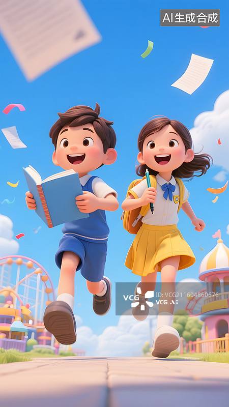 【AI数字艺术】背着书包去上学的两个小学生图片素材