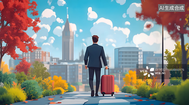 【AI数字艺术】扁平化风拖着行李箱行走的商务人士图片素材