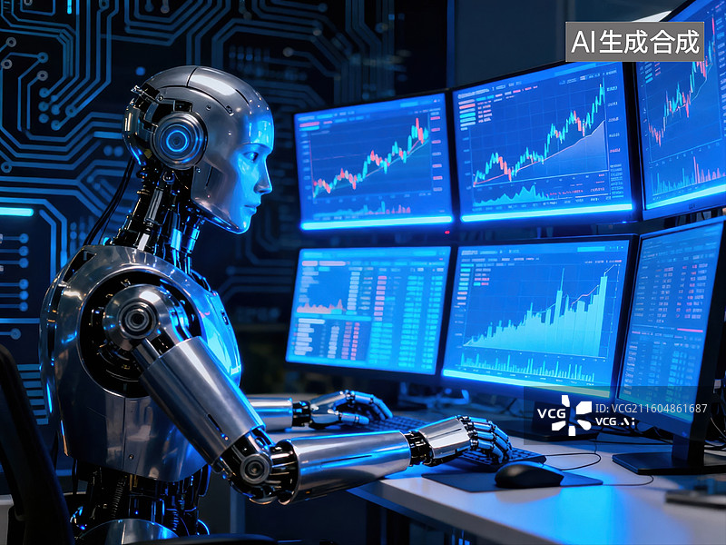 【AI数字艺术】机器人分析金融数据图片素材