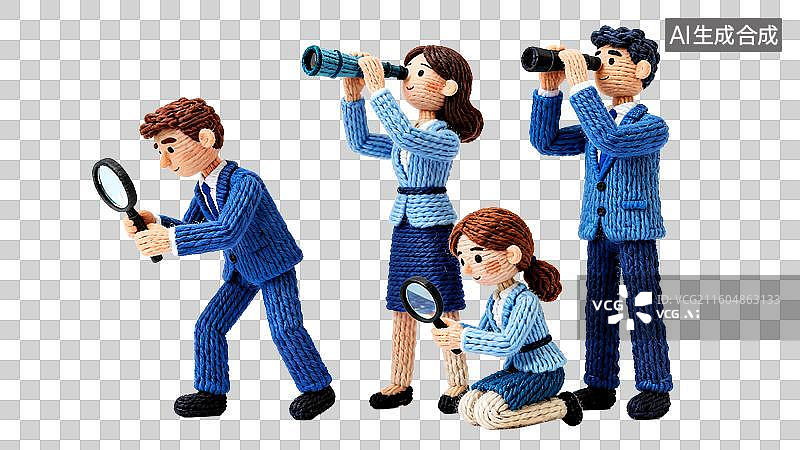 【AI数字艺术】3D渲染，四个商务白领穿着蓝色套装使用放大镜，望远镜，寻找工作招聘人才图片素材