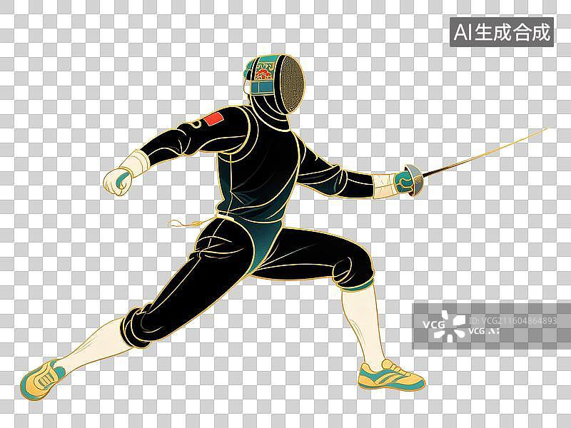 【AI数字艺术】国潮风插画免扣元素：击剑，面具，挑战，运动会，体育比赛图片素材