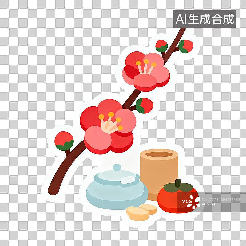 【AI数字艺术】梅花枝与茶器柿子插画图片素材