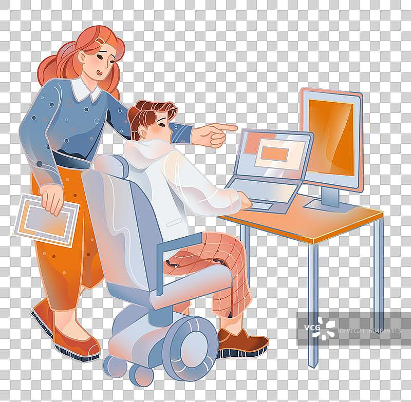 女孩在指导做在电脑前面的男孩，扁平画图片素材