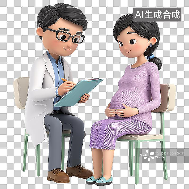 【AI数字艺术】医疗健康主题3D拟物风格医生给孕妇做产检元素图片素材