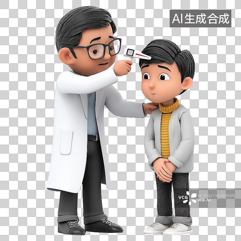 【AI数字艺术】医疗健康主题3D拟物风格医生给病人用测温枪测量温度元素图片素材