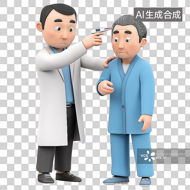 【AI数字艺术】医疗健康主题3D拟物风格医生给病人用测温枪测量温度元素图片素材