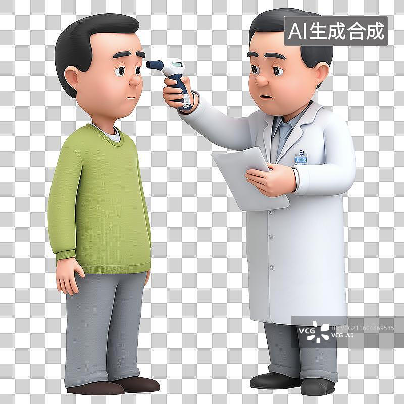 【AI数字艺术】医疗健康主题3D拟物风格医生给病人用测温枪测量温度元素图片素材