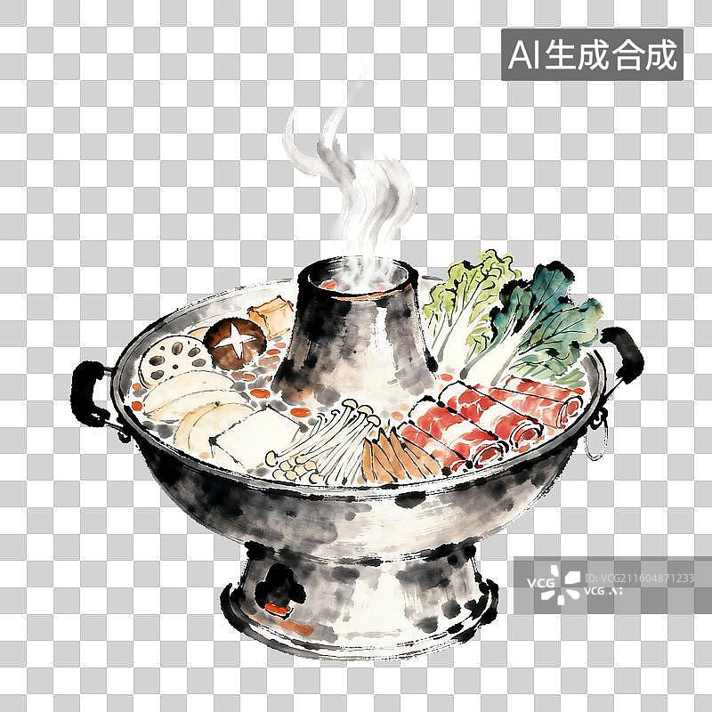 【AI数字艺术】传统铜火锅涮锅食材插画图片素材