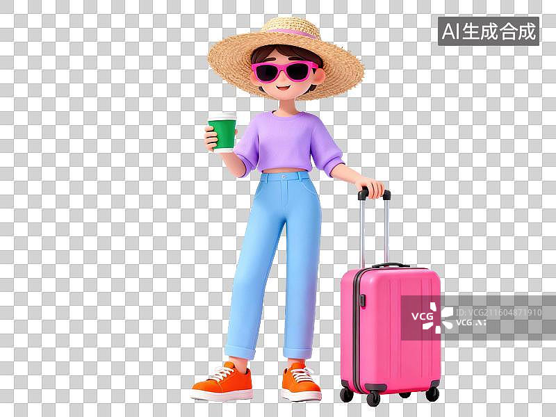 【AI数字艺术】戴草帽的女孩手持咖啡和行李箱图片素材