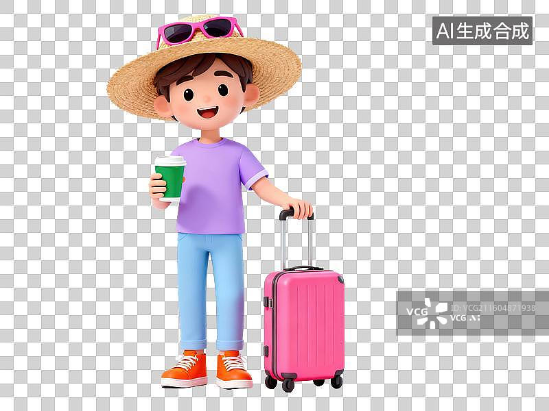 【AI数字艺术】戴草帽的男孩拿着行李箱和饮料图片素材
