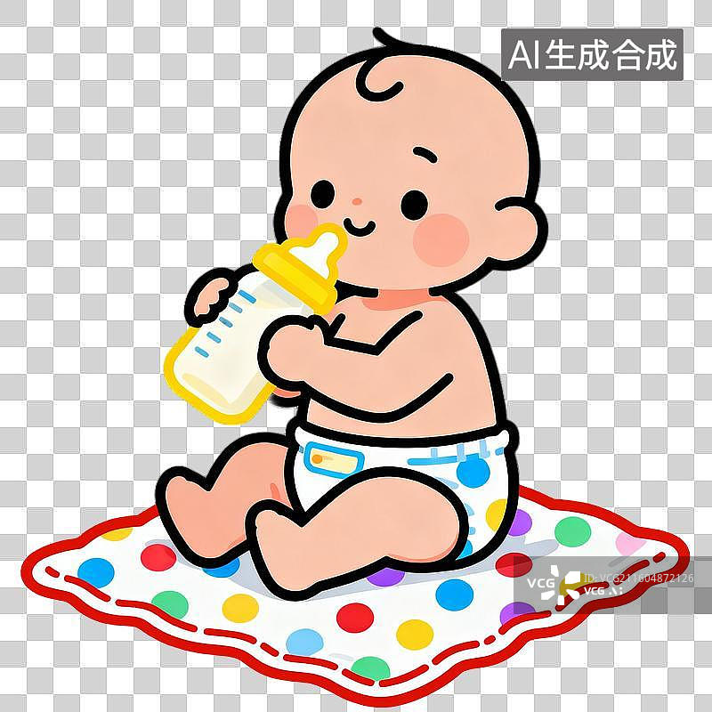 【AI数字艺术】卡通婴儿坐圆点垫喝奶瓶图片素材