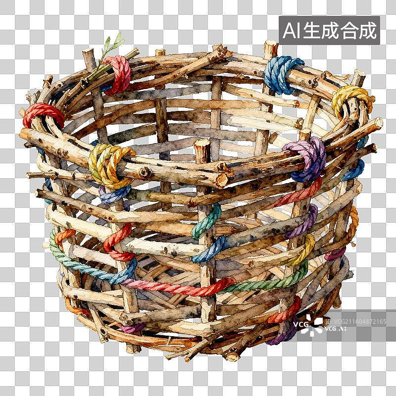 【AI数字艺术】彩色绳编织的树枝篮图片素材