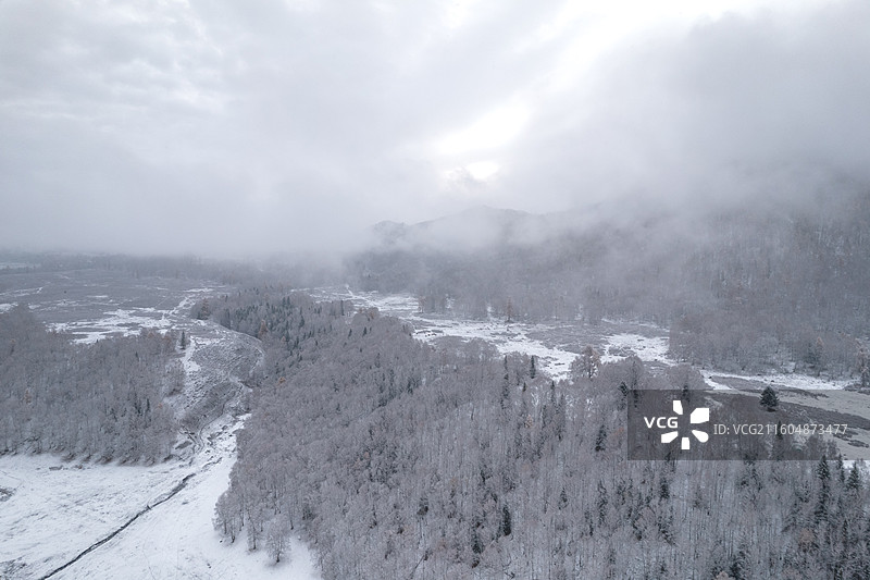 新疆阿勒泰禾木乡 小木屋 雪景航拍图片素材