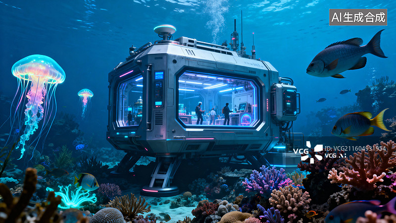 【AI数字艺术】水下科研站与多彩海洋生物图片素材