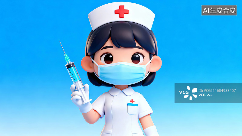 【AI数字艺术】护士手持注射器卡通形象图片素材