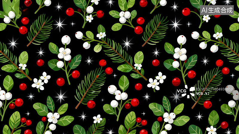 【AI数字艺术】黑底红白浆果与绿叶图案图片素材
