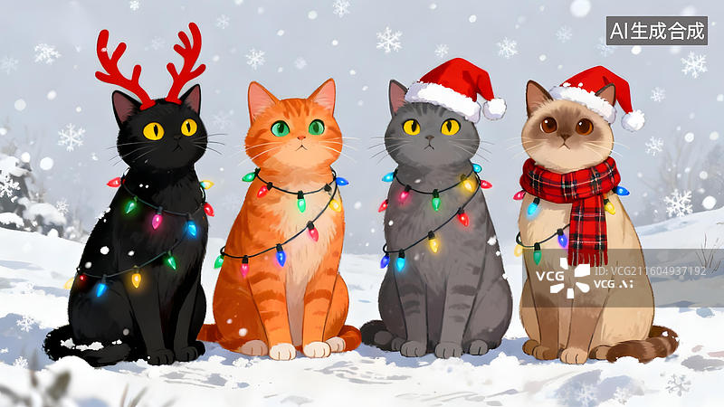 【AI数字艺术】四只猫咪戴圣诞装饰雪中坐图片素材