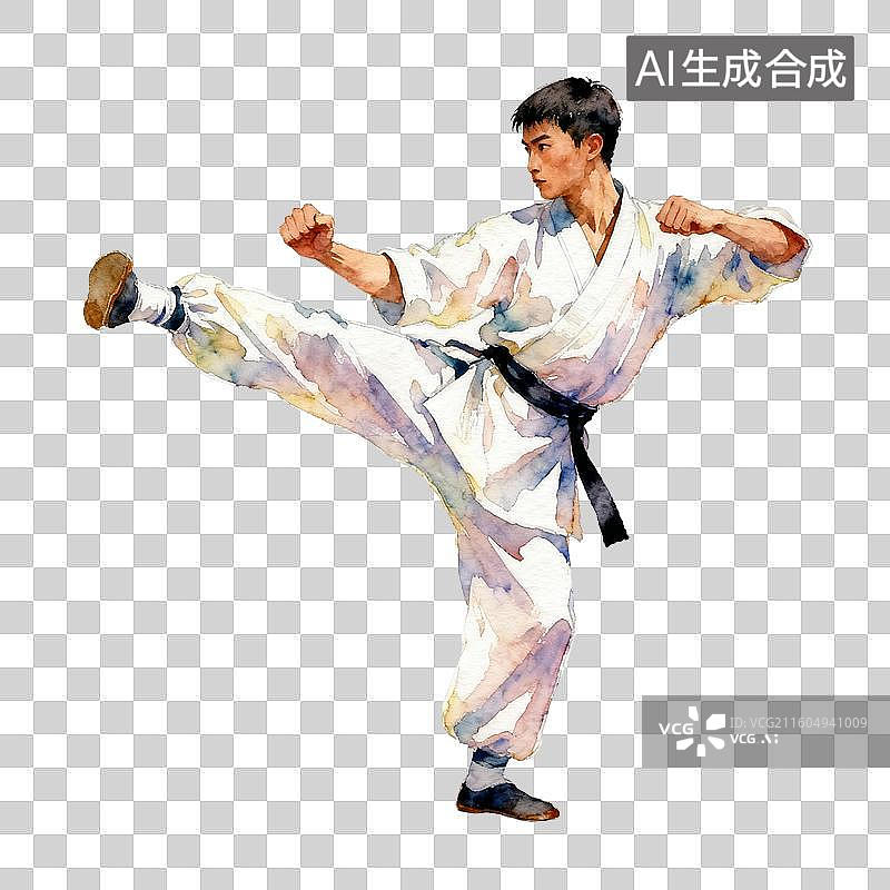 【AI数字艺术】水彩风格空手道黑带练习者踢腿动作图片素材