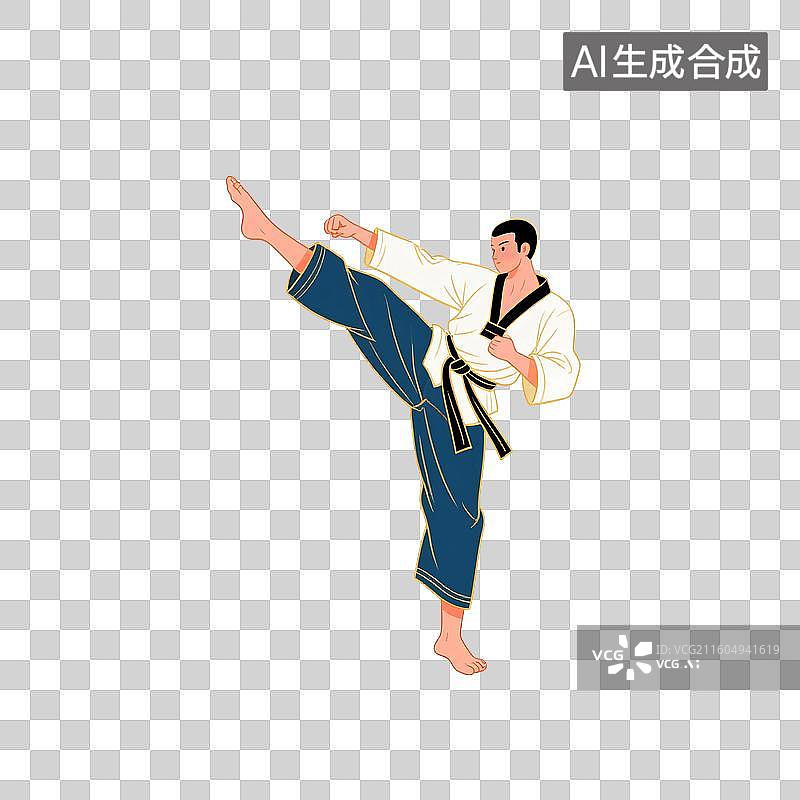 【AI数字艺术】国潮风插画免扣元素：空手道，跆拳道，格斗，踢，体育比赛图片素材