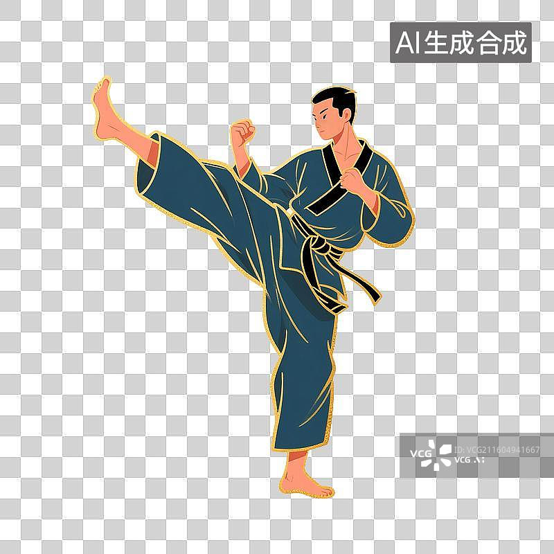 【AI数字艺术】国潮风插画免扣元素：空手道，跆拳道，柔道，格斗，运动员图片素材