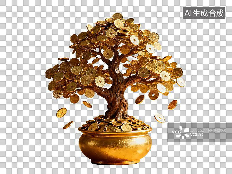 【AI数字艺术】中国节日 年俗 摇钱树 金币树盆栽摆件图片素材