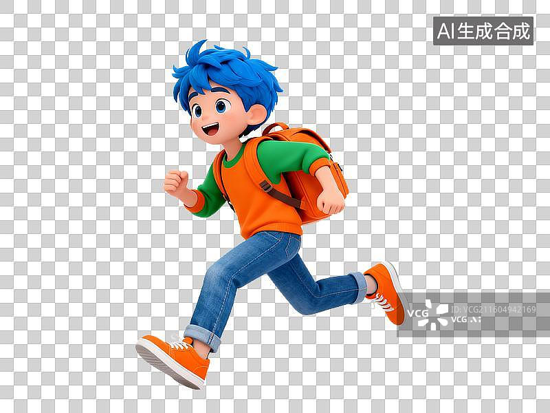 【AI数字艺术】教育主题 蓝色头发男孩奔跑图片素材