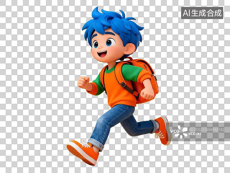 【AI数字艺术】教育主题 蓝色头发男孩奔跑形象图片素材