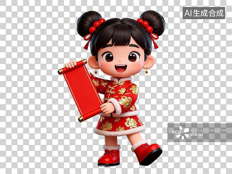 【AI数字艺术】中国节日 年俗 穿红衣的女孩手持卷轴图片素材