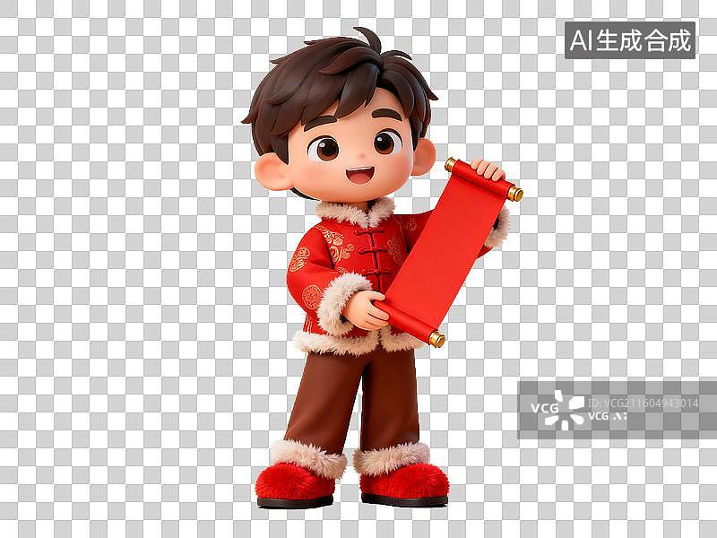 【AI数字艺术】中国节日 年俗 卡通男孩手持红色卷轴图片素材