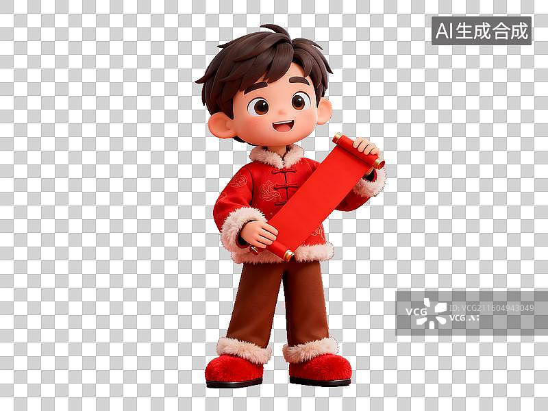 【AI数字艺术】中国节日 年俗 卡通男孩手持红色卷轴图片素材