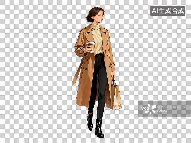 【AI数字艺术】电商购物 时尚人物 女性身穿风衣手持咖啡杯图片素材