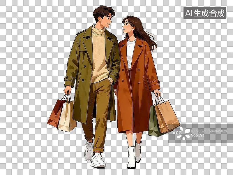 【AI数字艺术】电商购物 时尚人物 情侣购物逛街插画图片素材