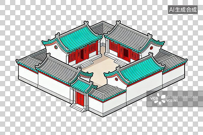 【AI数字艺术】卡通风格，中式建筑，一座四合院PNG格式的免扣元素图片素材