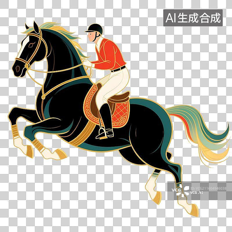 【AI数字艺术】国潮风插画免扣元素：赛马，马术，跨栏，马，训练图片素材
