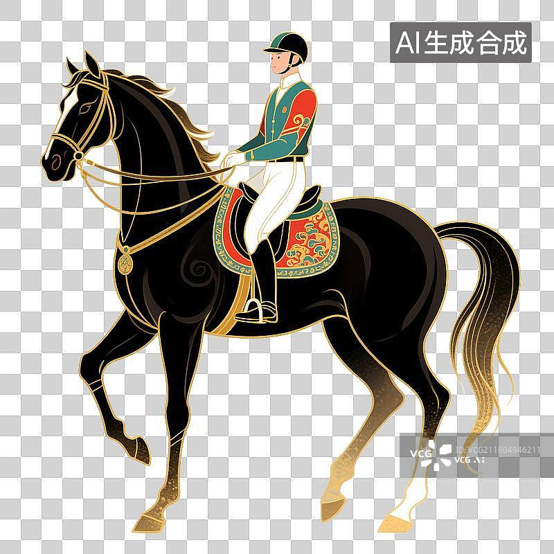 【AI数字艺术】国潮风插画免扣元素：赛马，马术运动，马术，跨栏，训练图片素材